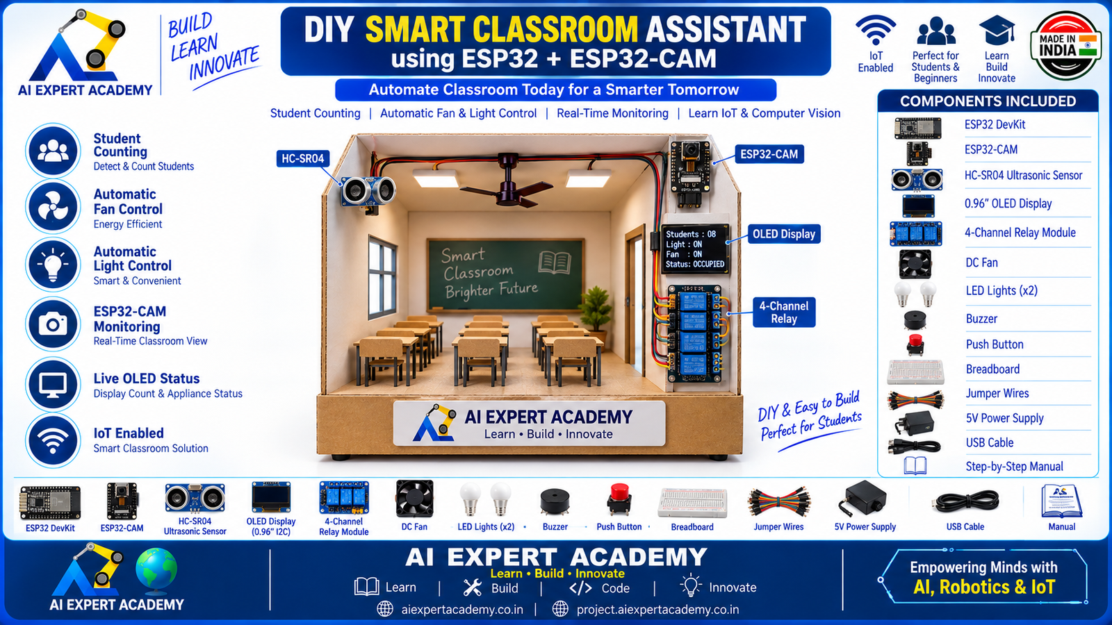 DIY Smart Classroom Assistant – ESP32 Automation & Student Counting Kit